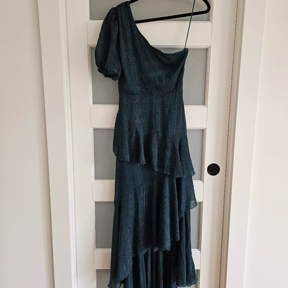 One shoulder dark green patterned ruffled dress